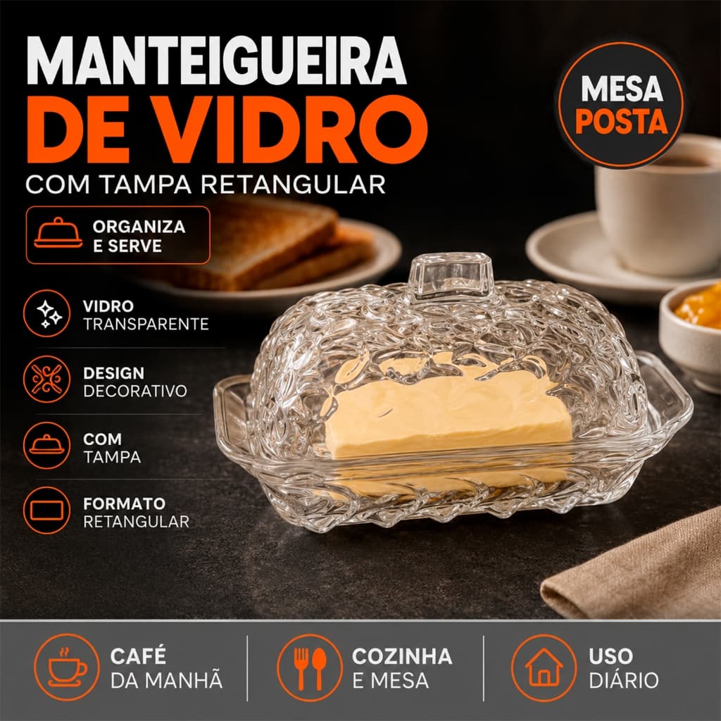 Manteigueira De Vidro Com Tampa Porta Manteiga Retangular Transparente