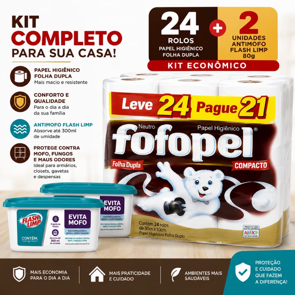 Kit Dia a Dia de Casa 24 rolos de papel higiênico folha dupla fofopel e 2 ANTI MOFO 80GRAMAS