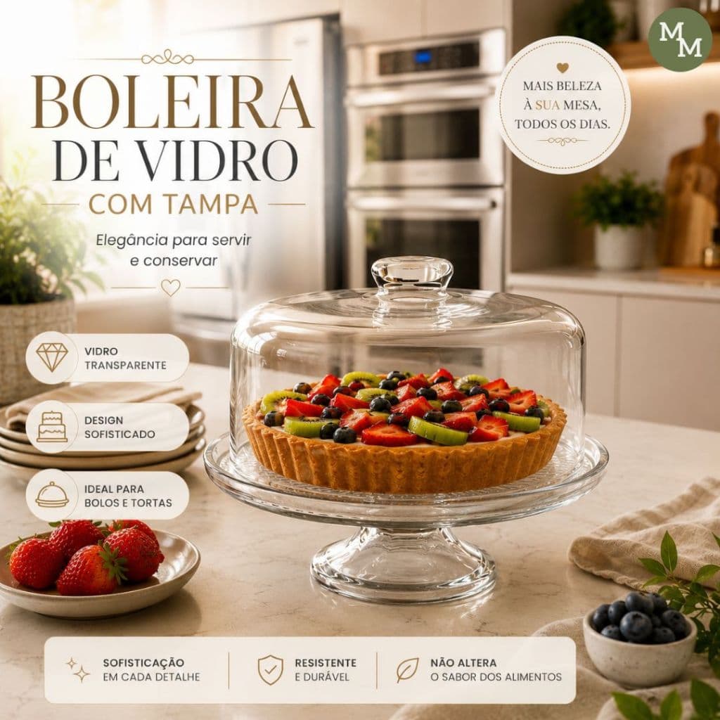 Boleira de Vidro com Tampa e Pé Transparente para Bolos, Tortas e Doces | Design Elegante Premium