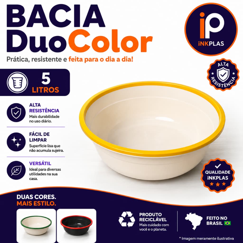 Bacia Plástica Duocolor 5 Litros Redonda Reforçada Lavanderia Cozinha Estética Premium DUOCOLOR