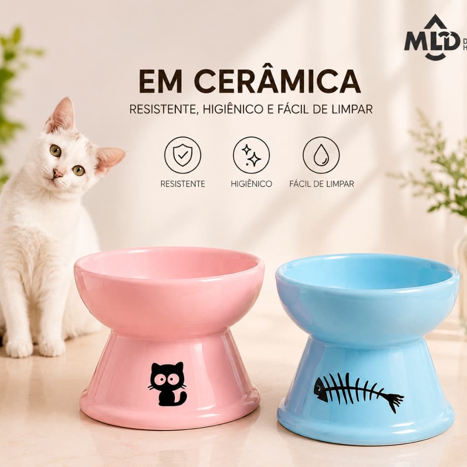 Kit 2 Potes para Gatos Comedouro Elevado Higiênico Cerâmica Prático Bebedouro Cerâmica Pet Cachorros