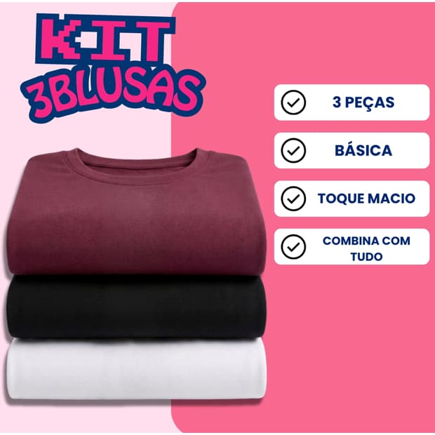 Kit 3 Blusas Básicas Juvenil Feminina Gola Careca Manga Longa básicas Confortável Amoteen.