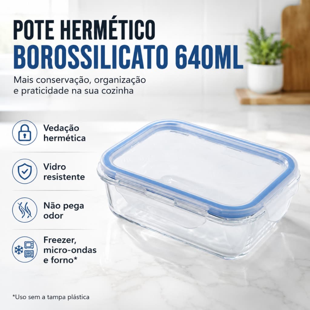 Pote Hermético Vidro Borossilicato 640ml Tampa Silicone Retangular Organizador Cozinha