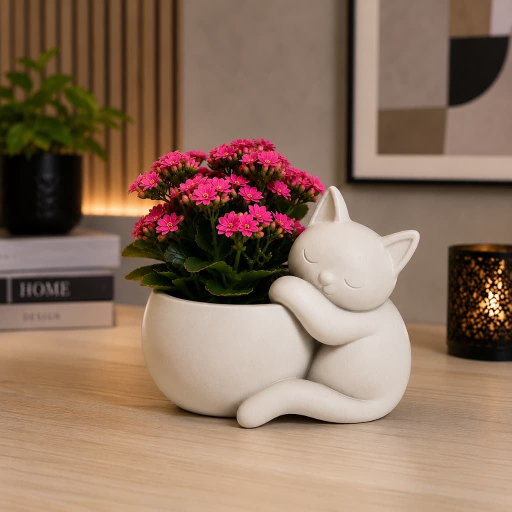 Vaso Decorativo Gatinho Abraçando Porta Plantas para Suculentas e Flores Decoração Moderna