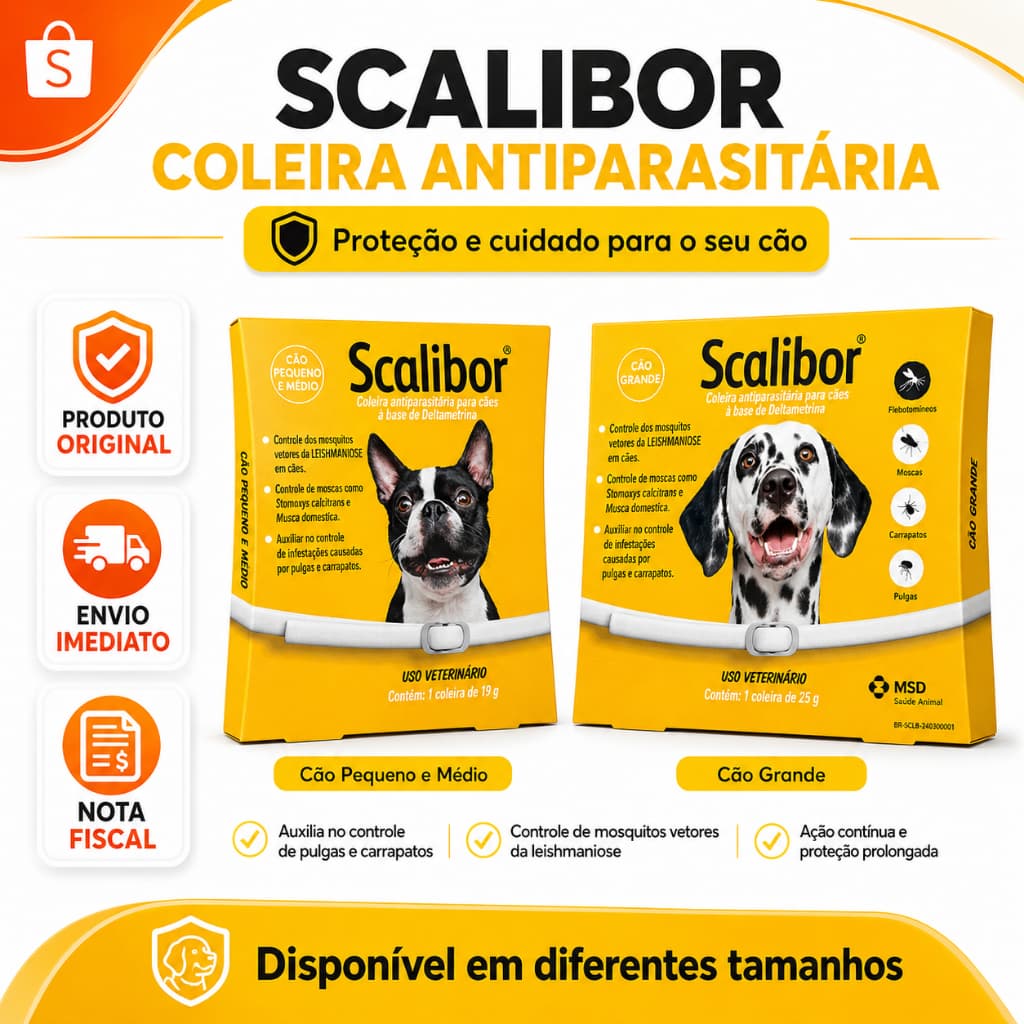 Coleira Scalibor Original MSD Antipulgas Carrapatos Leishmaniose Cães 48cm 65cm