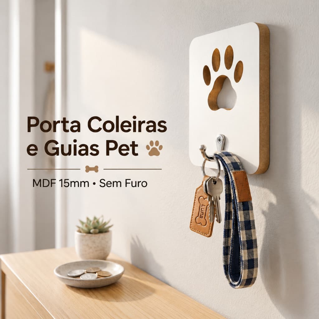 Porta Coleiras e Guias Pet Cachorro Gato MDF de Parede Sem Furo