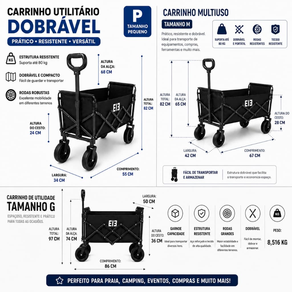 Carrinho de camping Dobrável Grande Médio Pequeno com Rodas Multiuso