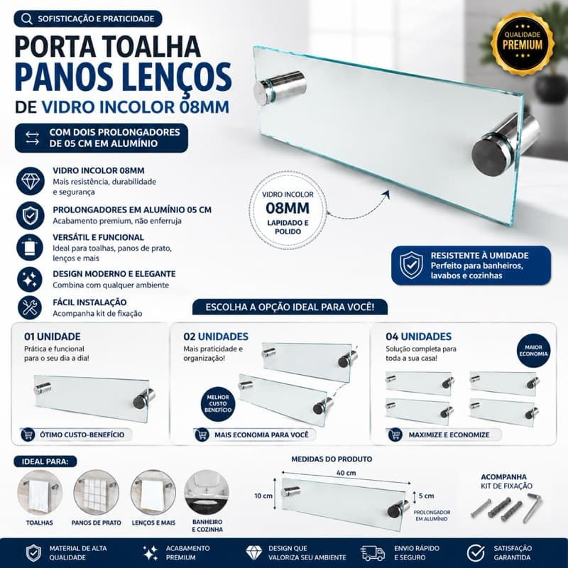 Porta Toalha Vidro Incolor 8mm, porta panos e lenços, Prolongador alumínio 5cm, luxo, banheiro e cozinha. Tam: 60cmx7cm