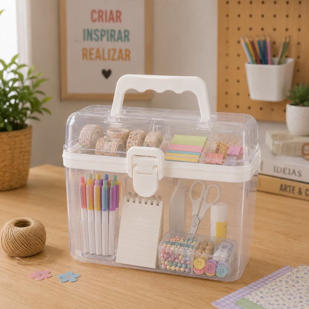 Maleta de Plastico Porta Tudo Organizadora Branca com Divisórias para Costura Maquiagem Ferramentas  Alça