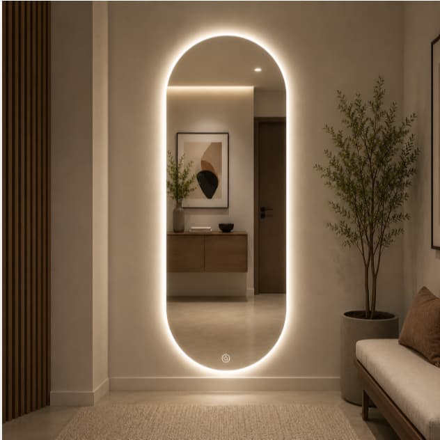 Espelho Oval Orgânico LED Touch 3 Cores de Luz Lapidado 120x50cm Decorativo Banheiro Quarto Sala