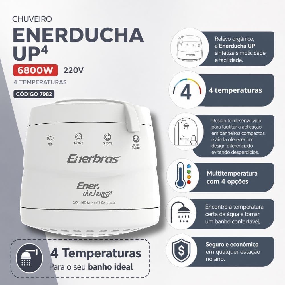Chuveiro Elétrico Enerbras Enerducha UP4 6800W 220V 4 Temperaturas | Econômico | com Chuveirinho
