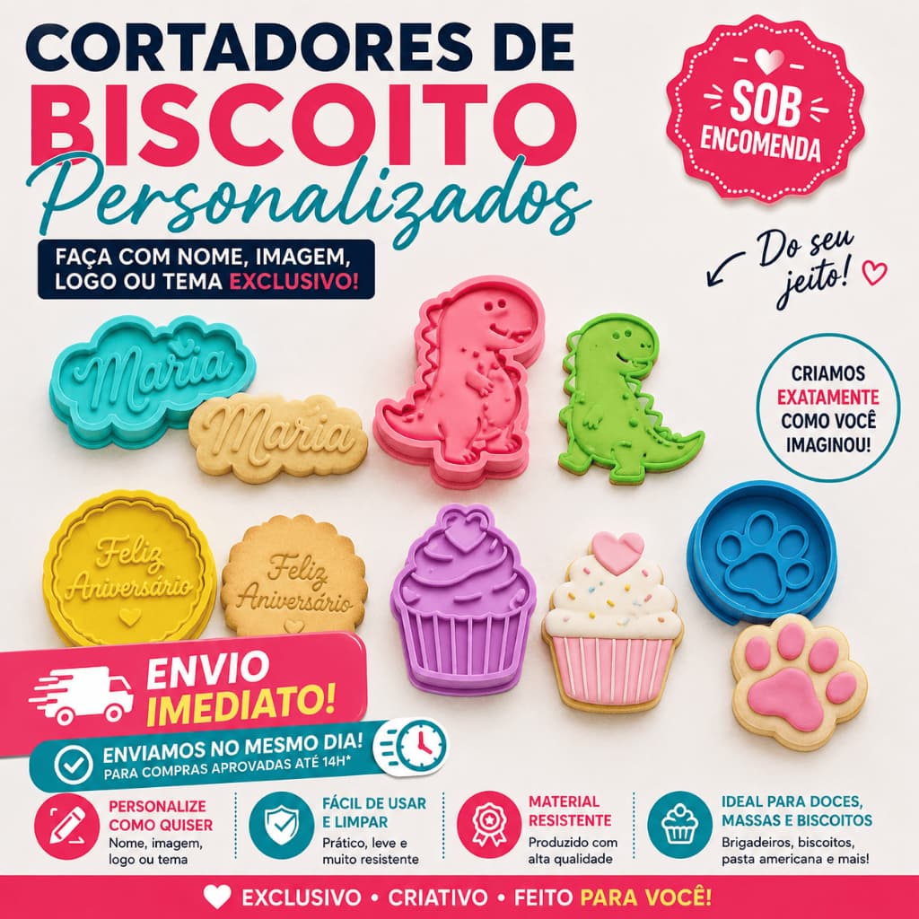 Cortador Personalizado para Biscoito Cookie com Marcador Pasta Americana Logo Nome Confeitaria