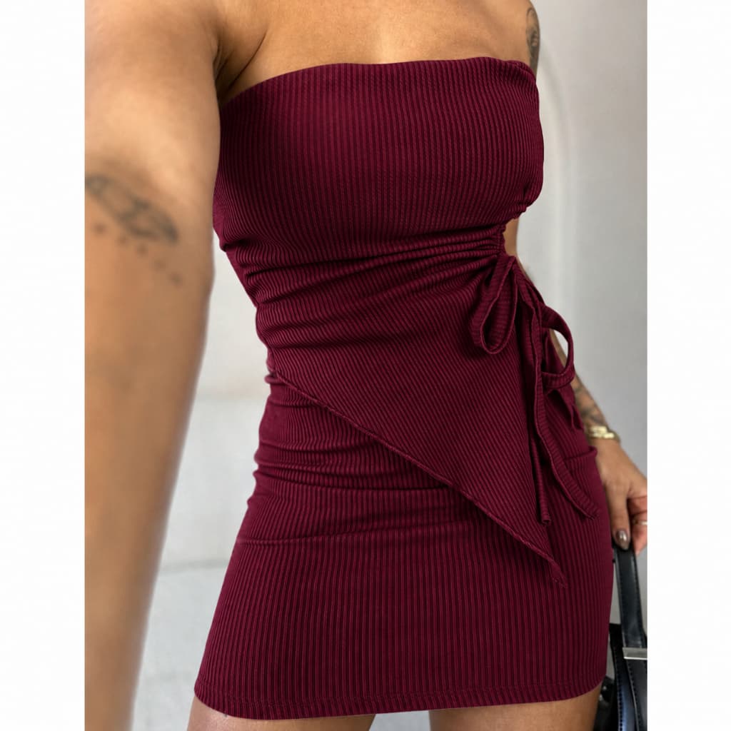 Conjunto Feminino Blusa Cropped Top Faixa + Mini Saia Canelado Modelo Tubinho