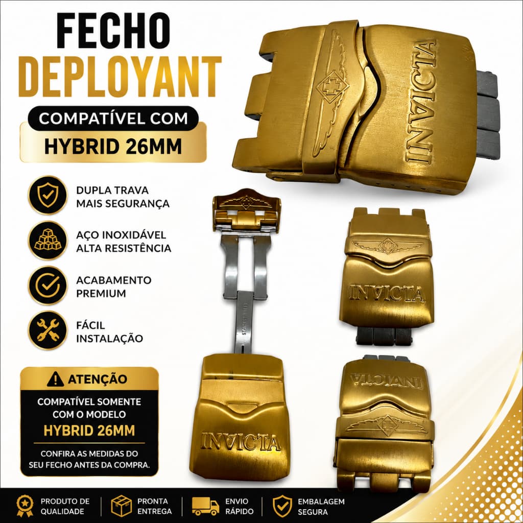 Fecho Deployant Compatível Relógio Invicta Hybrid 26mm Aço Dourado