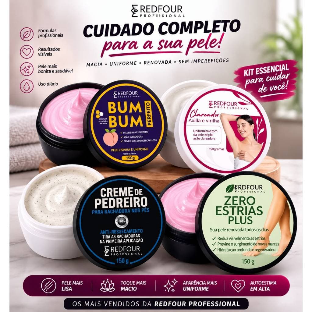 Combo 4 em 1 Clareador + Zero Estrias + Rachadura + Bum Bum Perfeito 150G cada
