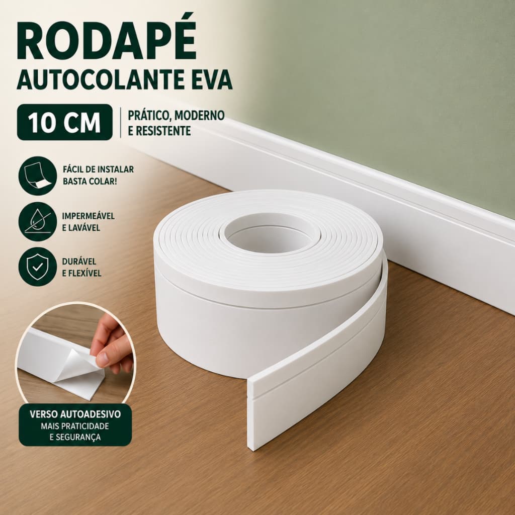 Rodapé Autocolante EVA Flexível 10 cm Decorativo Impermeável Fácil Instalação