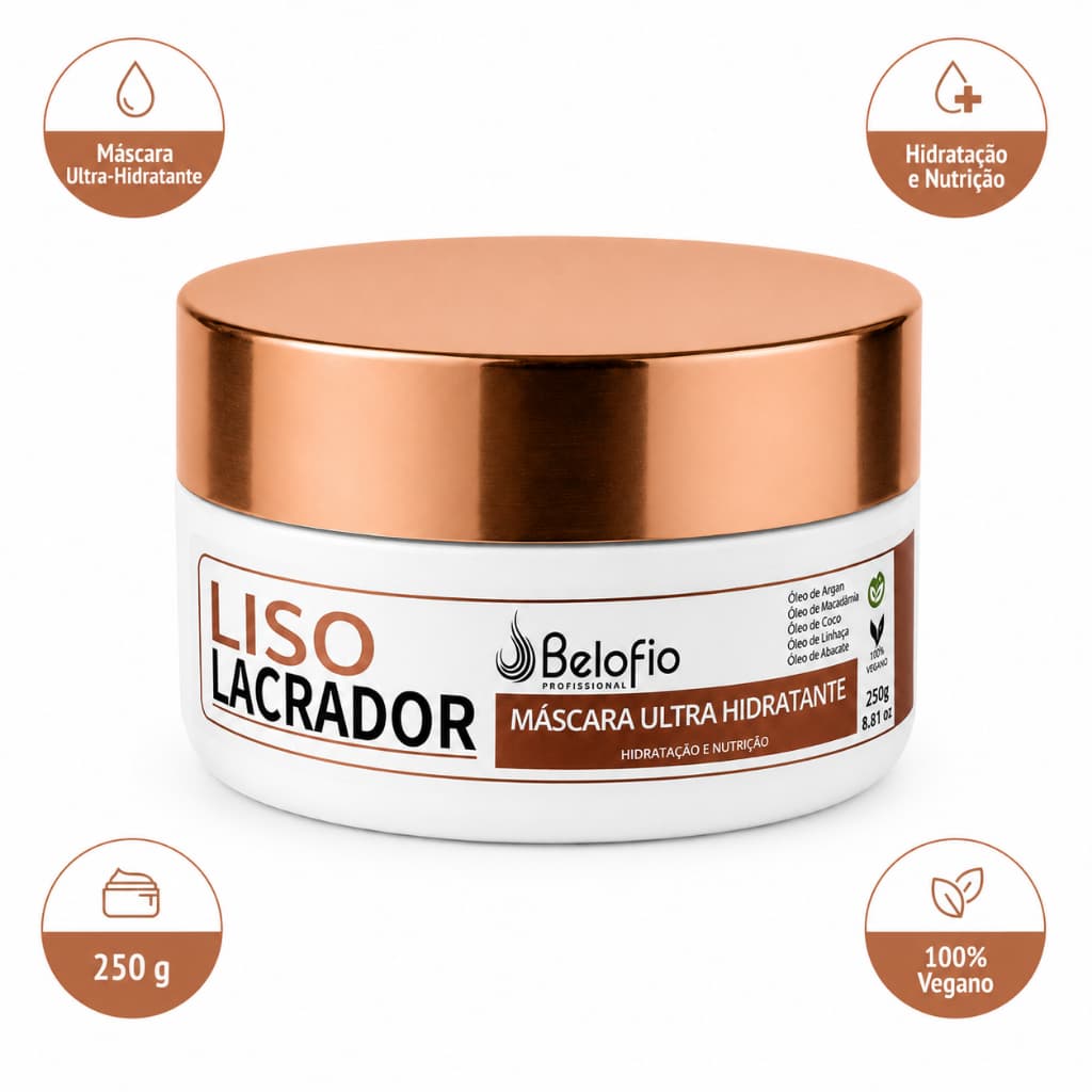 Máscara Liso Lacrador Belofio 250g Ultra Hidratante Alinha, Reduz Frizz, Brilho Intenso