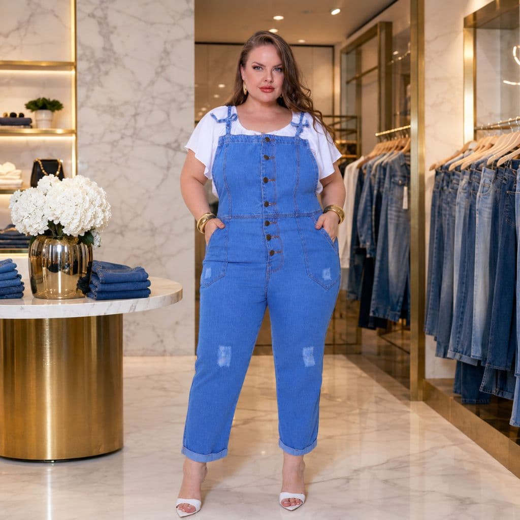 Jardineira Jeans Plus Size Macacão Longo Feminino - A.Ming Jeans
