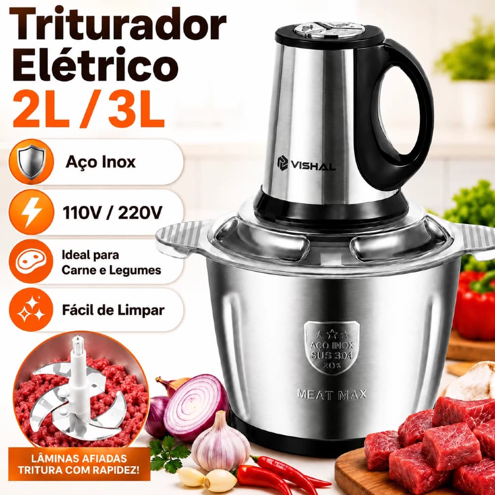 2/3 Litro Triturador De Alimentos Carne e Legumes Elétrico Multiprocessador 2-5 Modos Bivolt Inox Fácil De Limpar