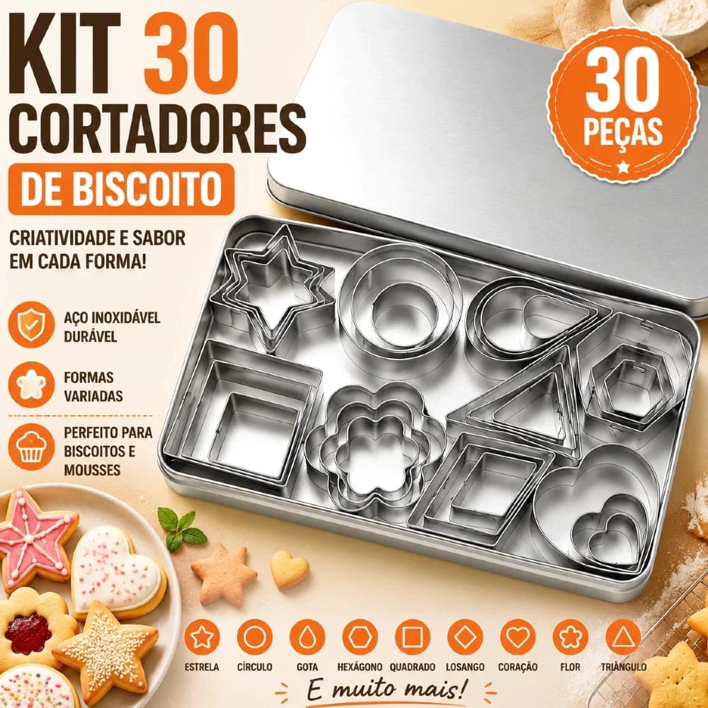 Cortadores de Biscoito Aço Inoxidável Conjunto com 30 Peças, Formas Variadas + Anéis para Mousse