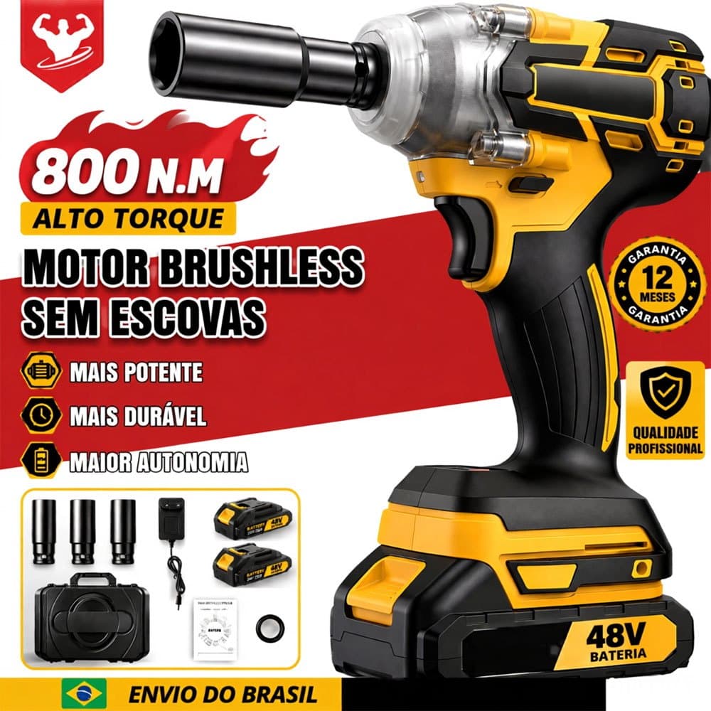 Chave de Impacto 1/2 Polegada 48V Sem Fio para Mecânica com 2 Baterias e Maleta Resistente 800NM