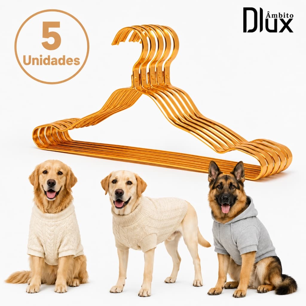 Ambito Dlux  Kit 5 Cabide Pet Dourado Para Roupa de Cachorro Gato Organizador de Roupinhas Pet Economia de Espaço