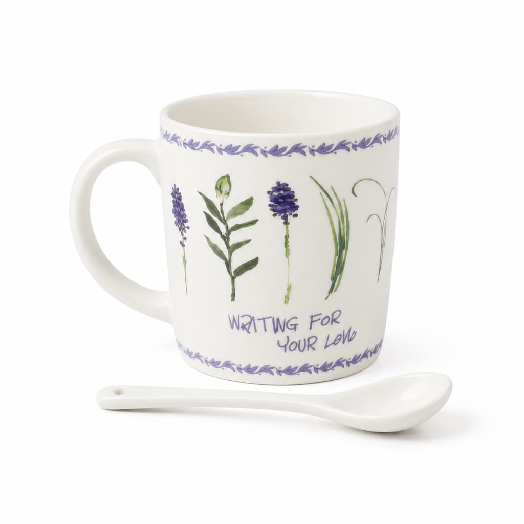 Xícara de Cerâmica com Colher Caneca Decorada Lavanda Flores 340ML Caixa, Presente, Mesa Posta, Café e Chás