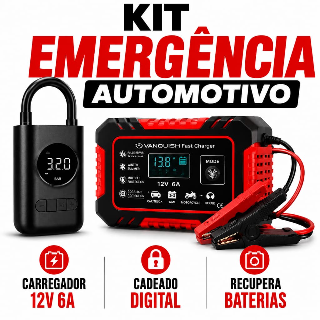 kit Carregador Inteligente de Bateria Automotiva 12V 6A Bivolt + Kit Compressor de Ar Portátil Digital Inflador de Pneus