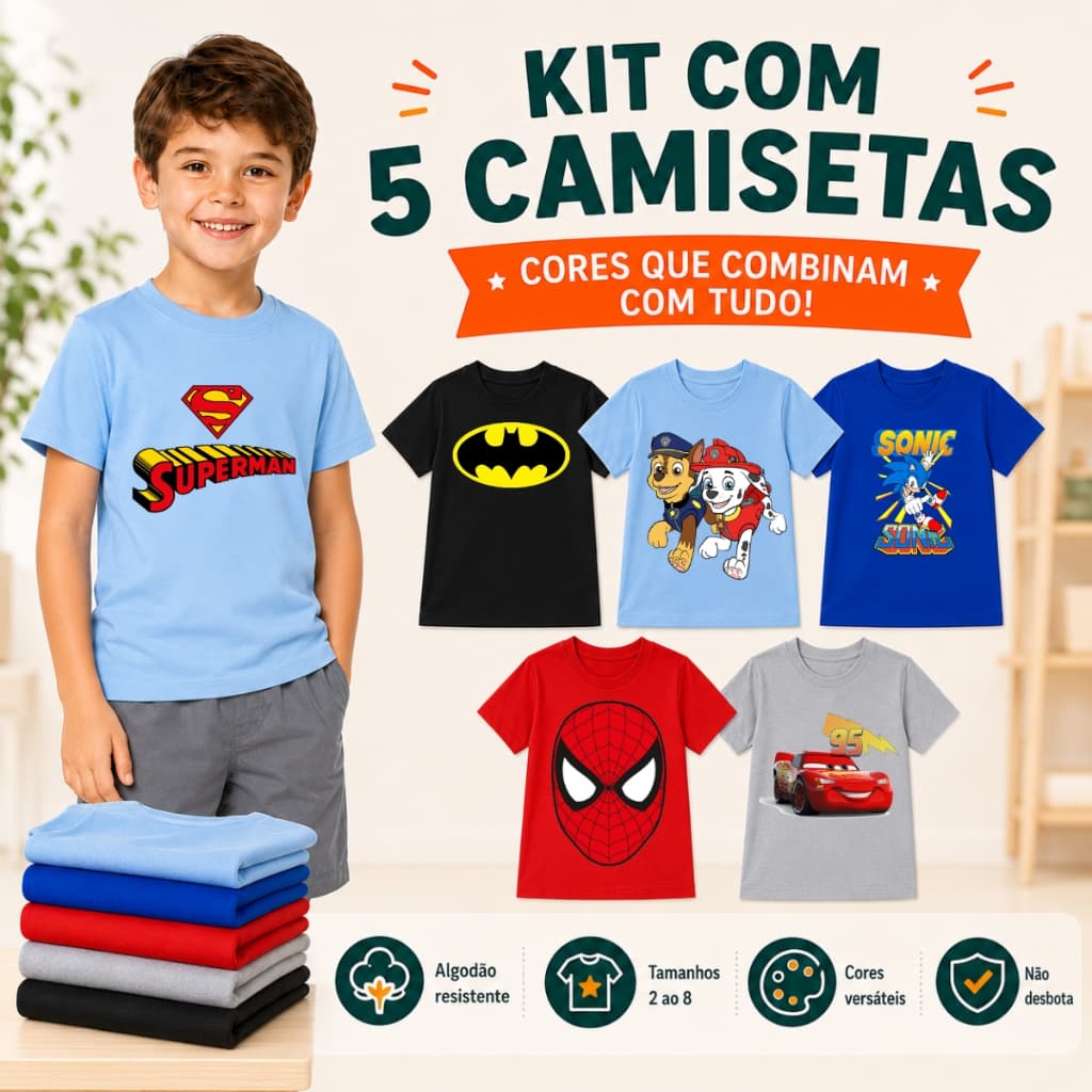Kit 5 Camisetas Infantil Masculina Personagens 100% Algodão Manga Curta 2 ao 8 Anos