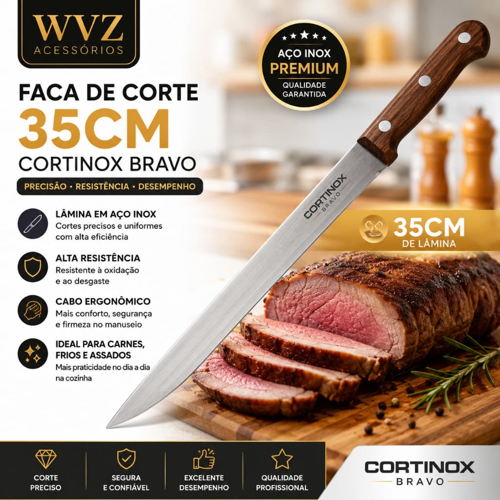 Faca de Corte 35cm Aço Inox Cabo Madeira Churrasco Açougue Cozinha Profissional 🔪🥩