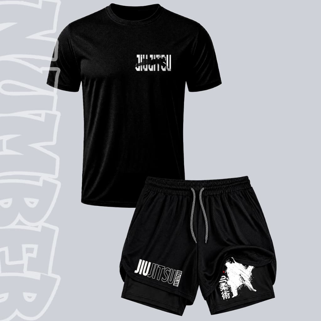 Kit Conjunto Fitness Camiseta Dry Fit Grão De Arroz e Short Compressão 2 Em 1 Faixa Preta Jiu Jitsu Luta Gym Simbolo Red