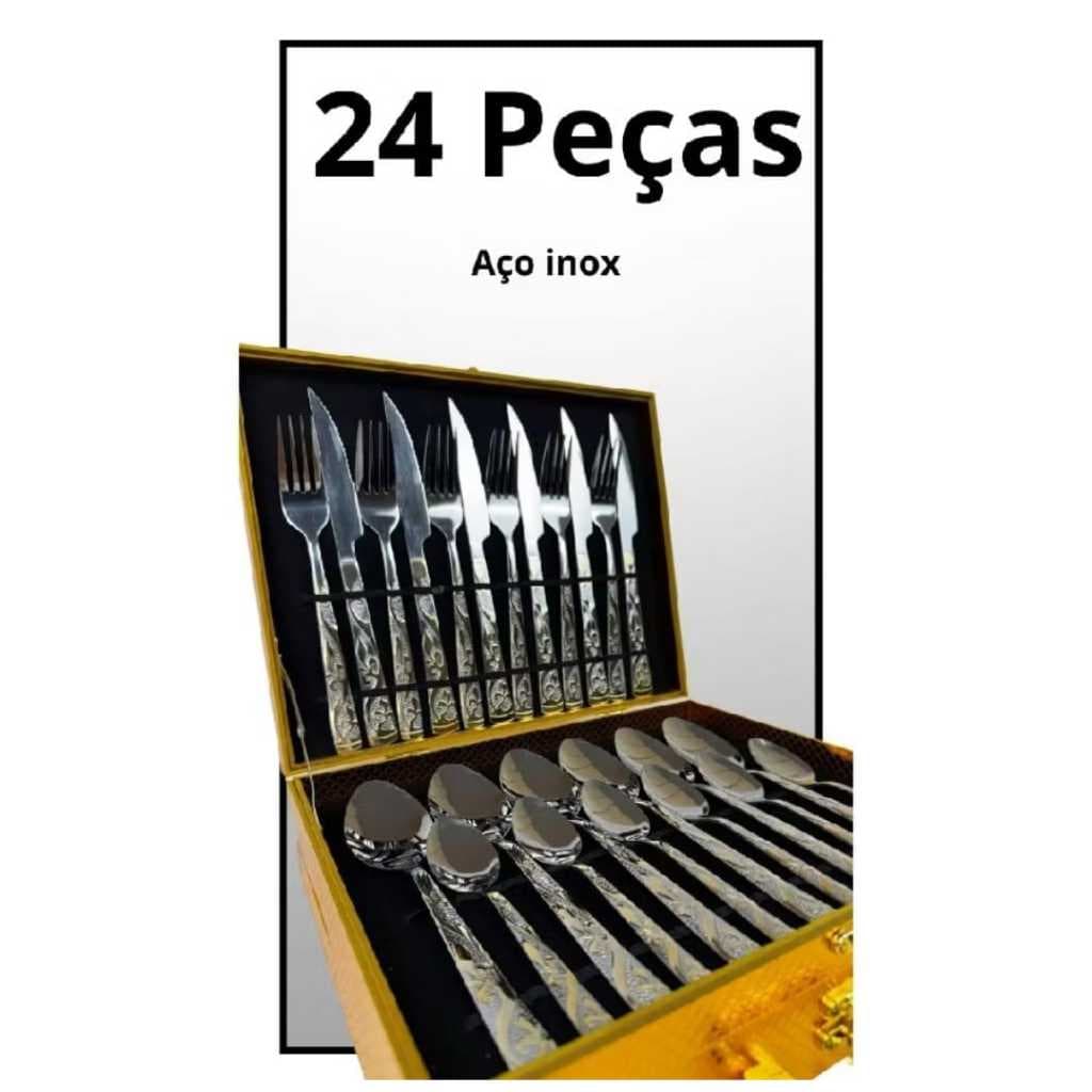 Kit Conjunto Faqueiro Talheres Em Inox Detalhe Em Dourado 24 Peças Com Maleta