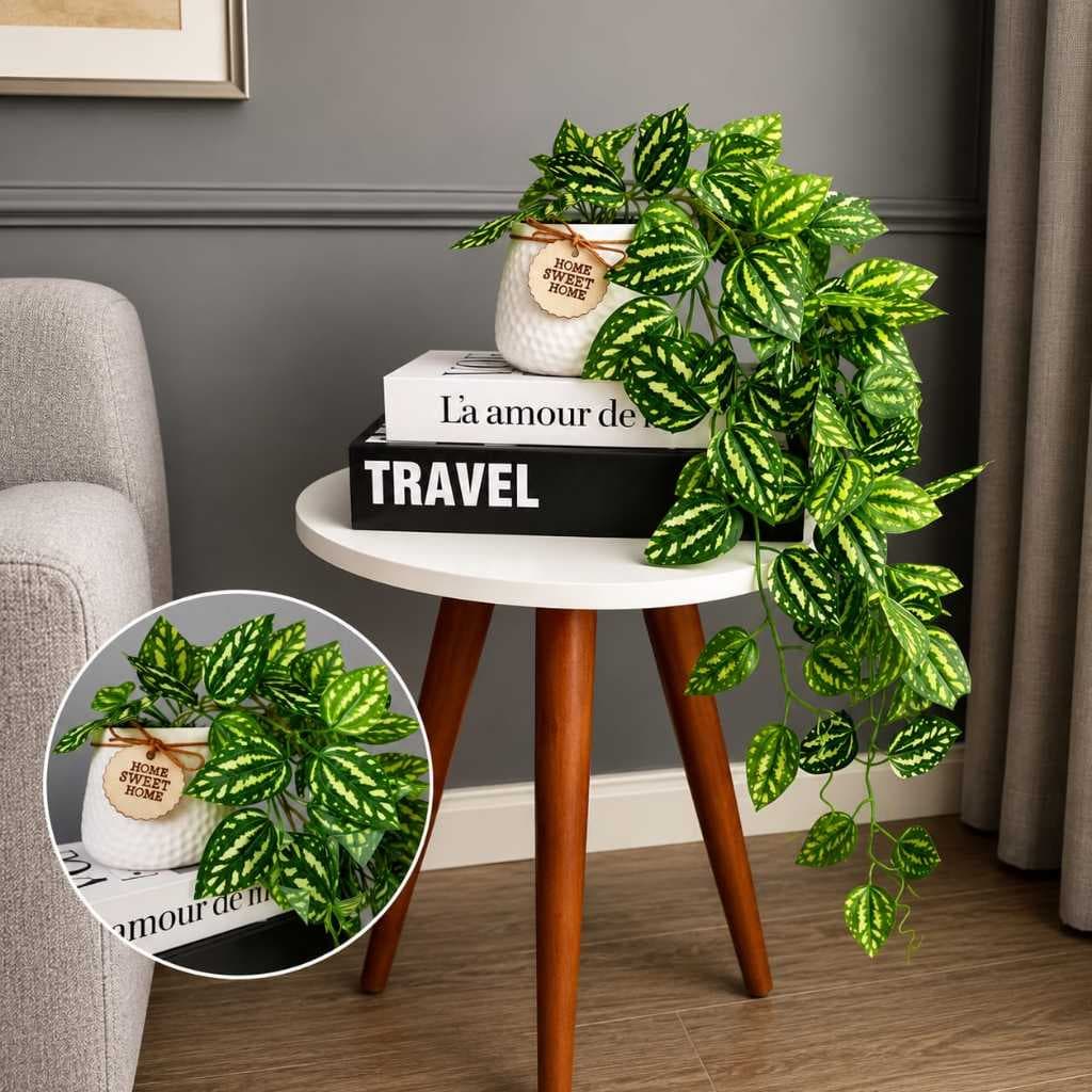 Planta Artificial Pendente com Vaso Folhagem Realista Decoração Casa, Sala, Estante, Nicho e Prateleira