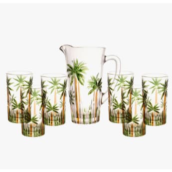 Conjunto Jarra e Copos Palm Tree 7 Peças Rojemac Pintura à Mão Vidro Água Suco Coqueiro Mesa Posta