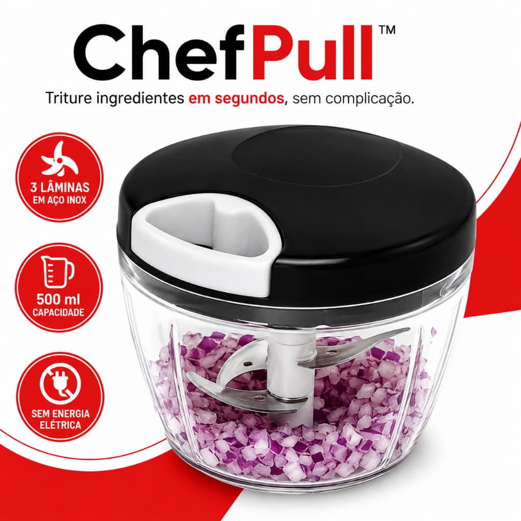 ChefPull™ Mini Processador Manual 500ml 3 Lâminas Triturador Alho Cebola Legumes - Pica Temperos Sem Energia Rápido Cozi