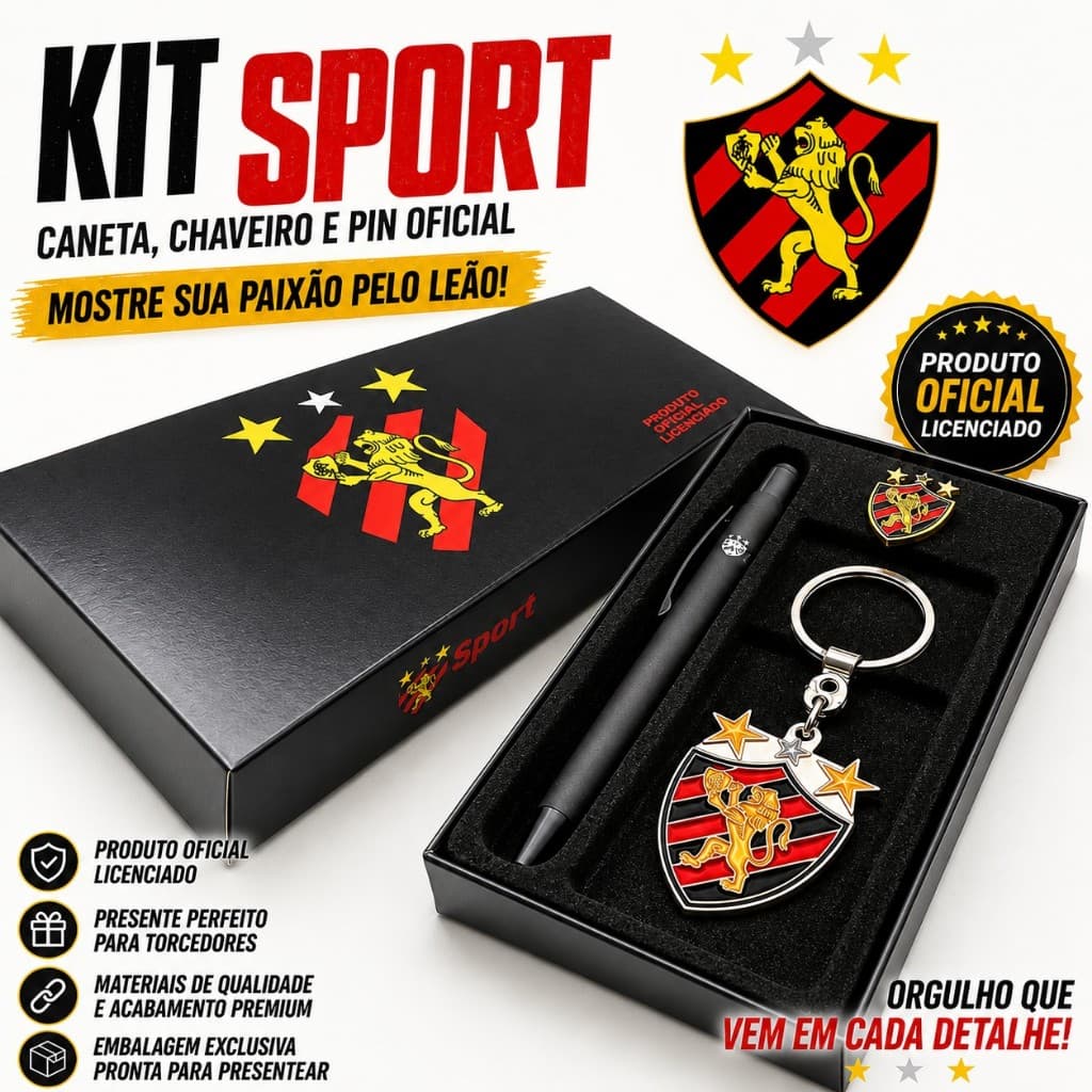 Kit Premium Sport Recife Caneta + Chaveiro + Boton Pin Oficial Original Presente Torcedor Futebol