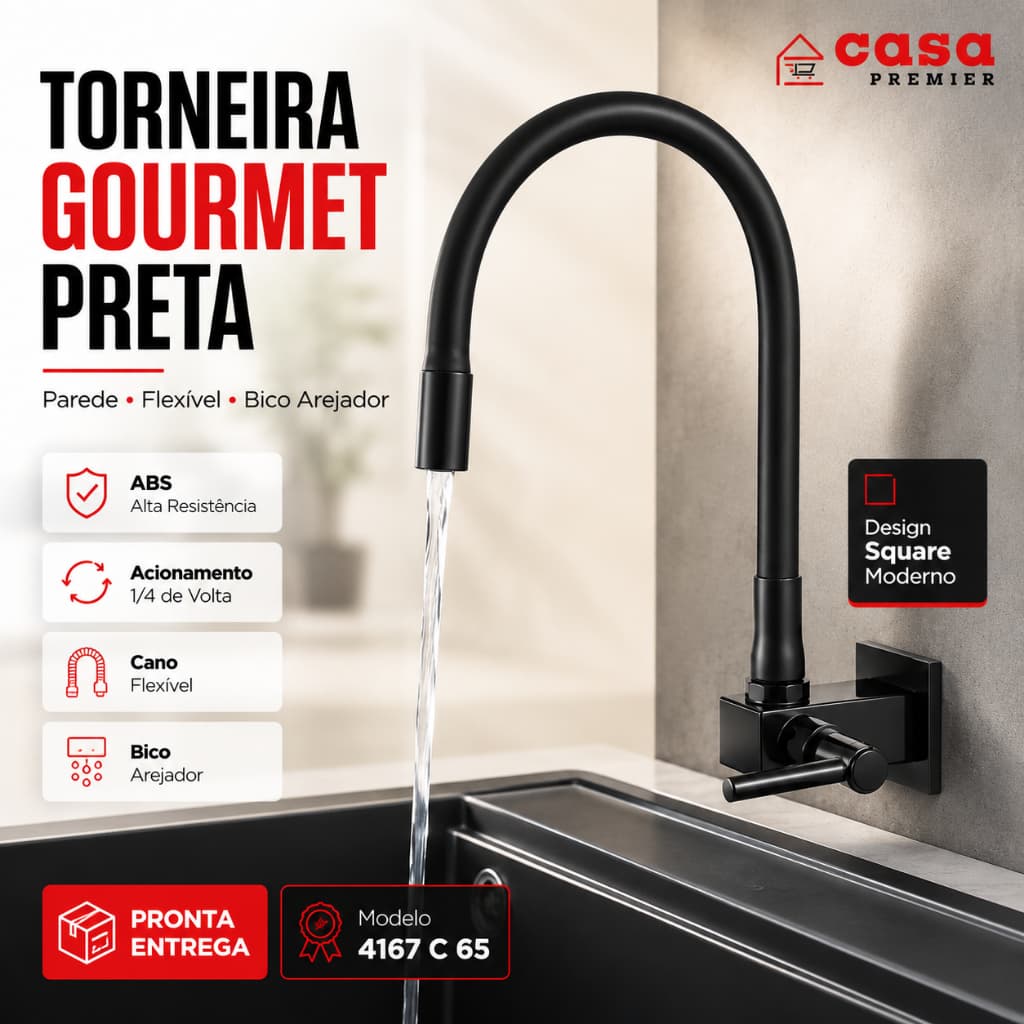 Torneira Preta ABS Alta Resistência Parede Pia Cozinha Cano Flexível Com Bico Arejador