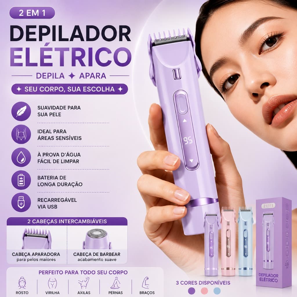 Depilador Elétrico Feminino 2 em 1 USB Aparador Corporal LED Recarregável Rosa Roxo Azul 5W