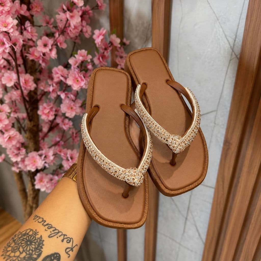 CHINELO SANDÁLIA LUXO STRASS DIAMANTE LEVE CONFORTAVEL MODA CASUAL PROMOÇAO