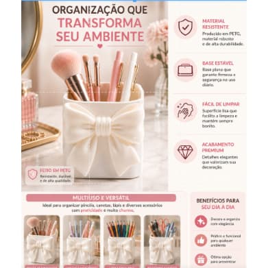 Organizador de Maquiagem Porta Pincéis com Laço Decorativo para Bancada