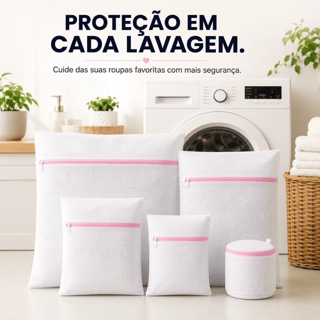 Kit 5 Sacos para Lavar Roupas Delicadas com Zíper WashGuard™ Malha Protetora para Máquina de Lavar