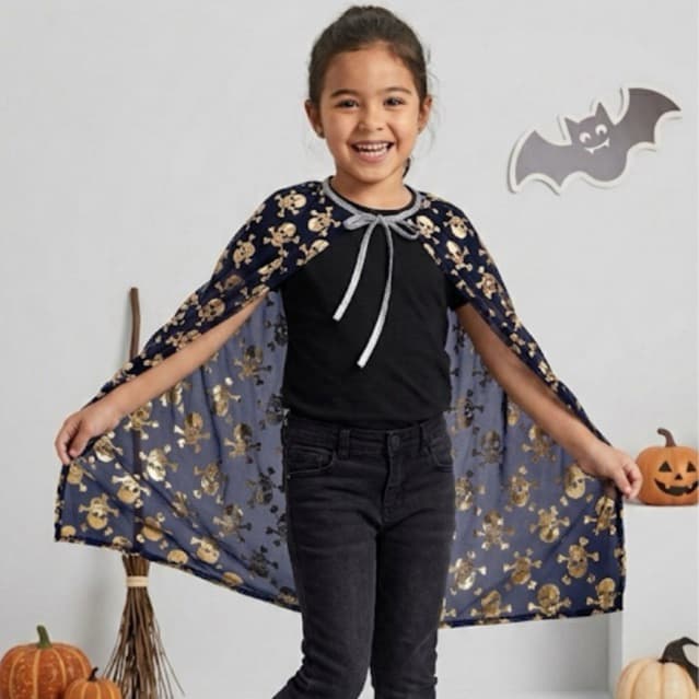 Capa Infantil Halloween Bruxinha com Estampa Dourada | Fantasia Dia das Bruxas Infantil