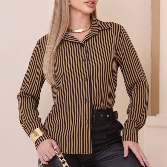 Camisa Feminina Manga Longa Listrada  Elegante Crepinho Premium Moda Evangélica Colarinho  Inverno
