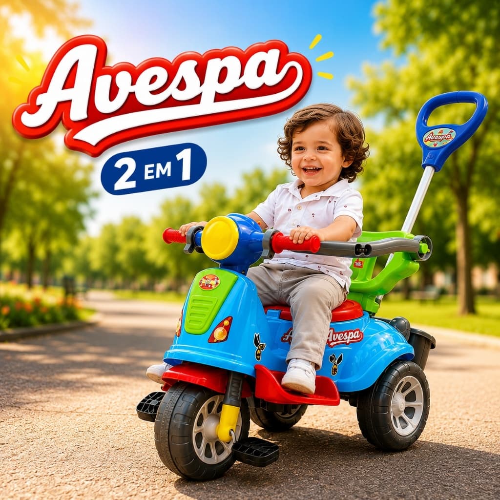 Carrinho de Passeio Infantil Triciclo Avespa 2 em 1 Colorido Passeio Pedal Haste Segurança