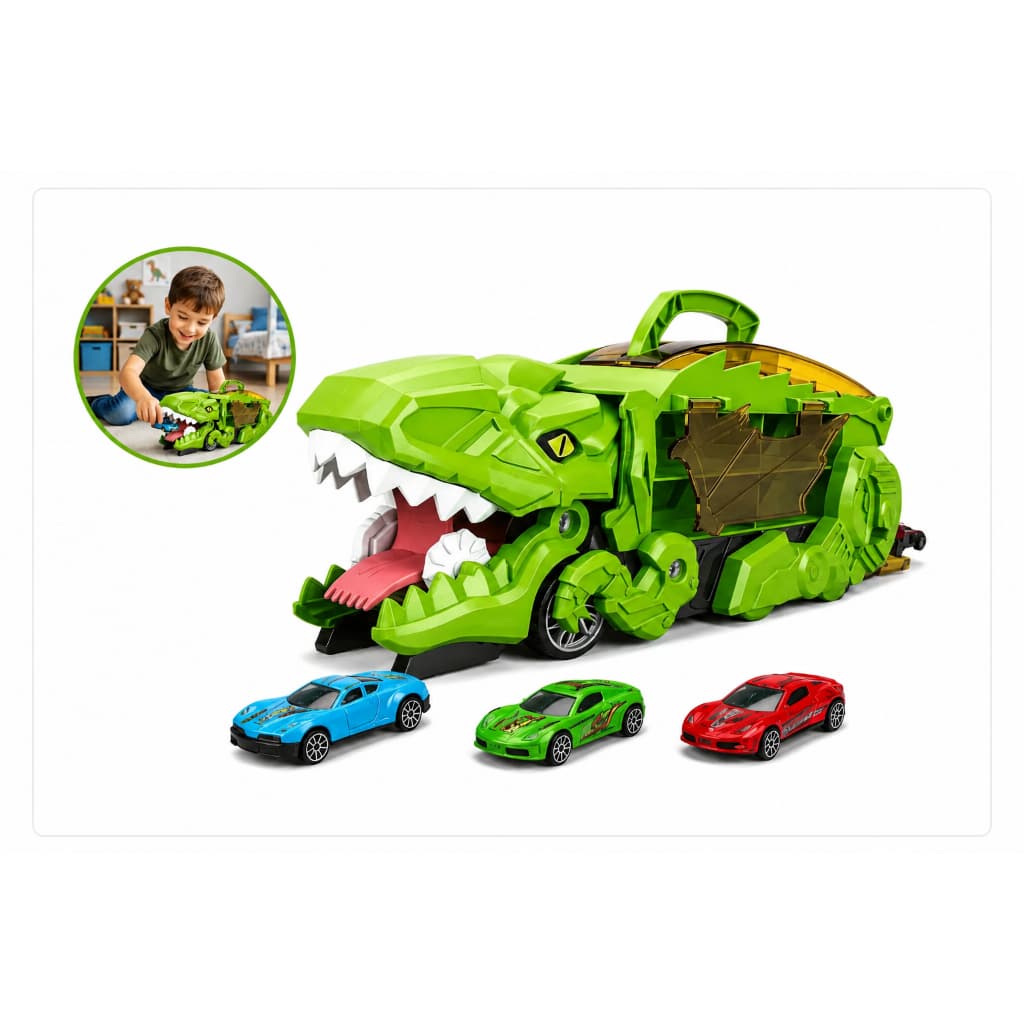 Caminhão Dinossauro Que Engole Carrinhos Dino Truck Com Lançador e Pista Brinquedo Infantil Menino Presente Pronta Entre