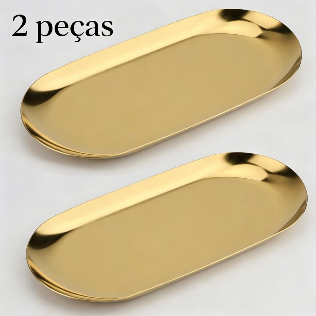 Kit 2 Bandeja Aco Inoxidavel Luxo Decorativa para Jóias Alimentos Dourado