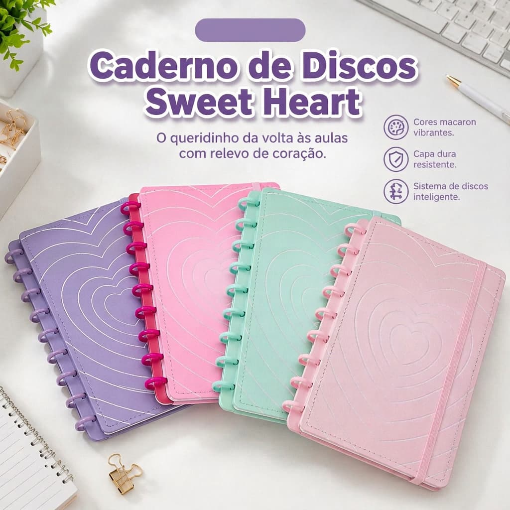 Caderno Grande tipo Inteligente Personalizado Coração 8/10/11 Discos Capa Dura 80 Folhas Pautadas Escolar Planner Diário