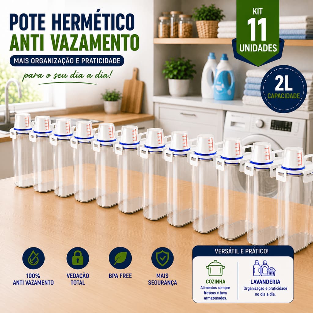 Kit 11 Potes Hermético 2L Copo Medidor Porta Mantimentos Transparente Vedação Hermética Multiuso