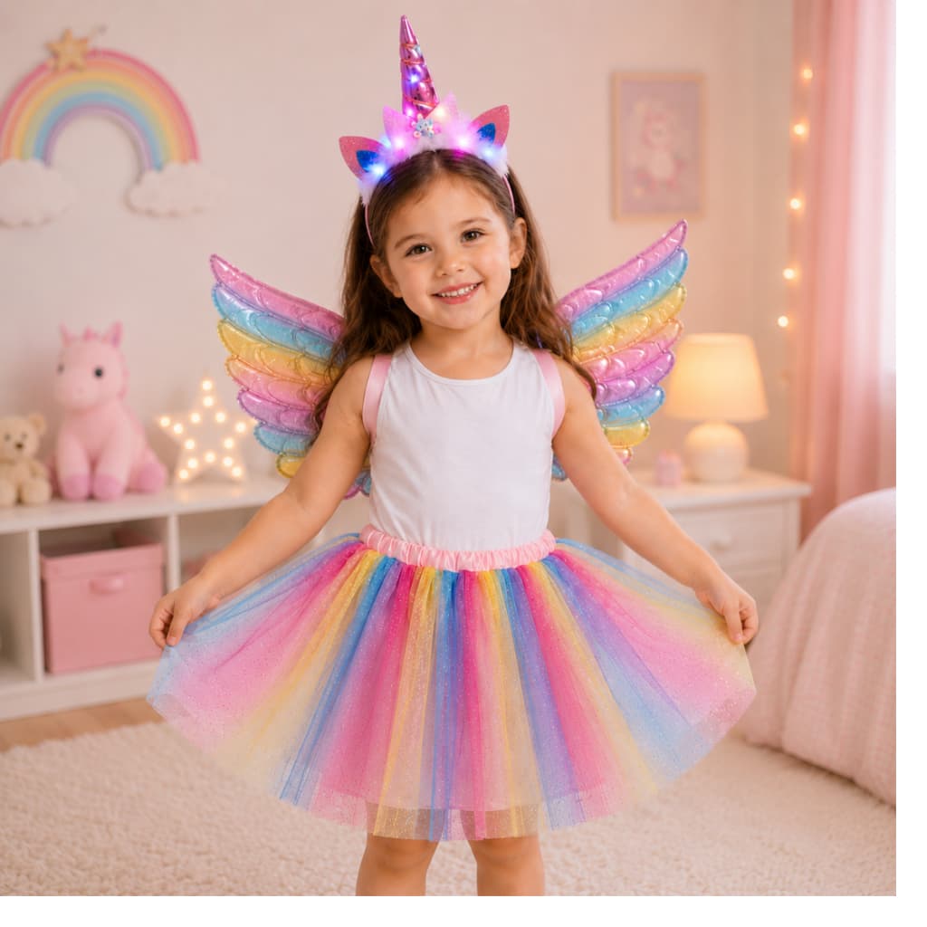 Fantasia Infantil Unicornio Color tule Asa+ Saia+ Tiara Completa