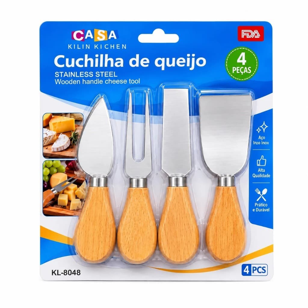 Kit de Queijos Premium 4 Peças Aço Inox Cabo de Madeira Luxo